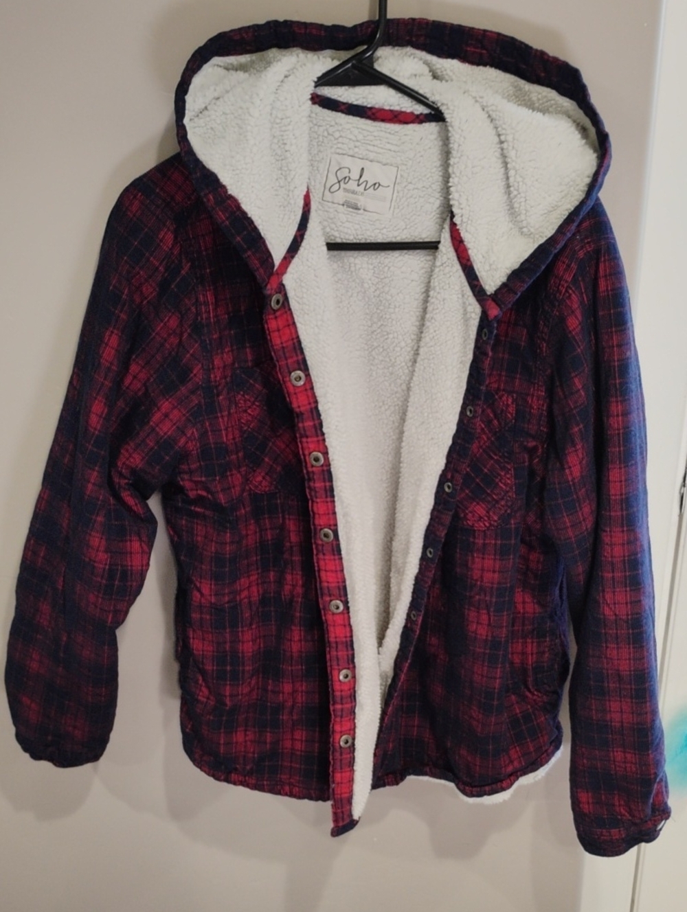 Soho Juniors Red & Navy Plaid Sherpa Hooded Jacket
